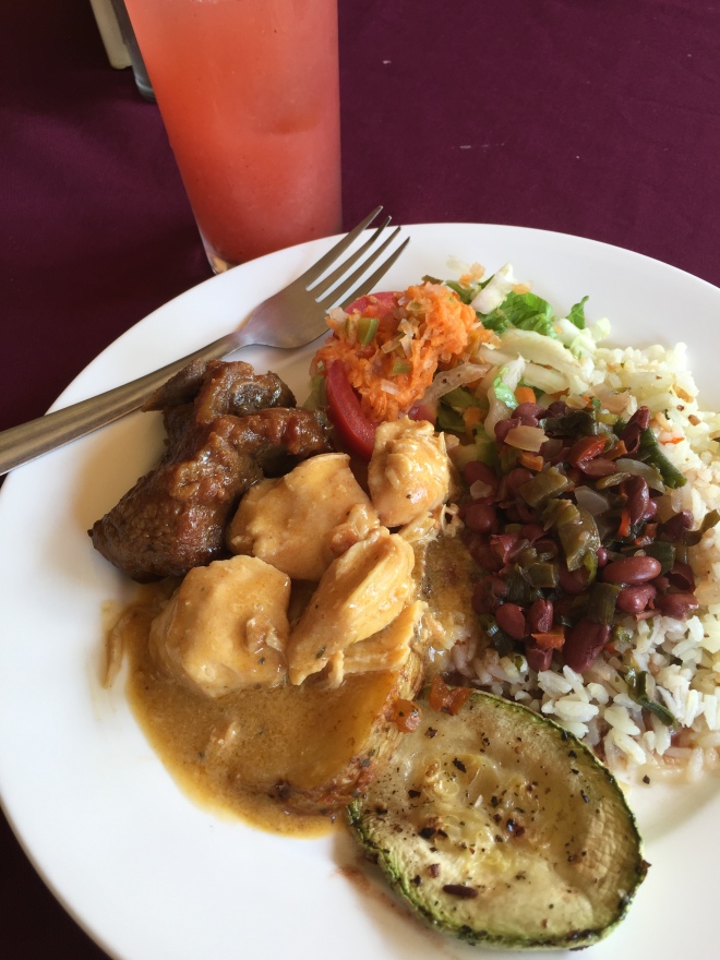 Lunch at Doka Estate - Chicken in curry, beef ribs, rice and red beans sauce, salad, veggies.