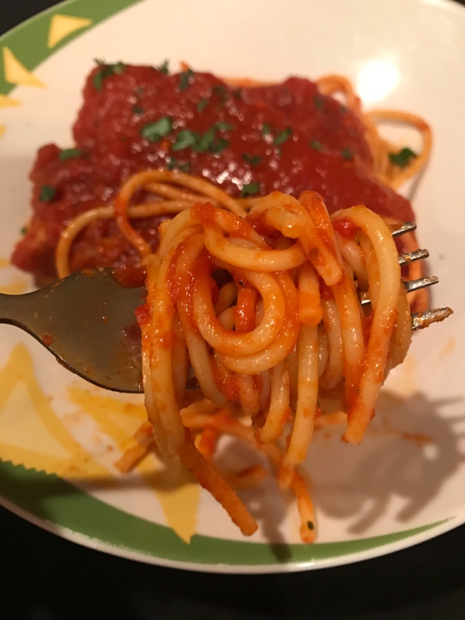 Gina's Delicious Pork Chops in Tomato Sauce over Pasta 